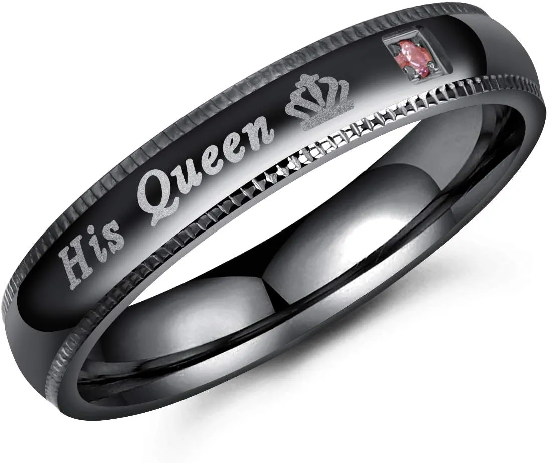 2pcs Set of His and Her Matching Promise Rings for Couples Black Stainless Steel His Queen & Her King Wedding Engagement Annivesary Bands Couples Rings Anniversary Valentine's Jewelry Gifts
