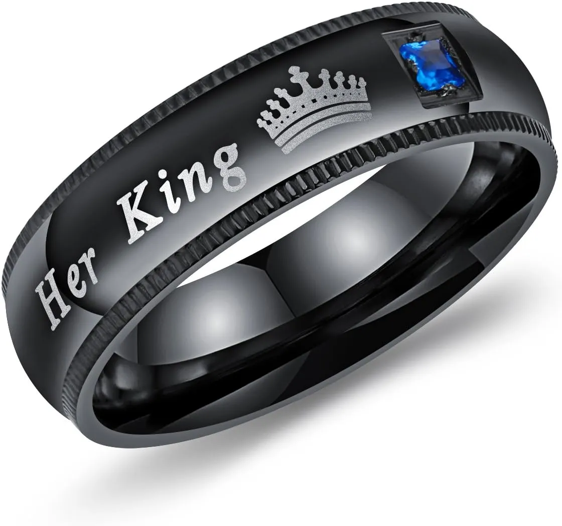 2pcs Set of His and Her Matching Promise Rings for Couples Black Stainless Steel His Queen & Her King Wedding Engagement Annivesary Bands Couples Rings Anniversary Valentine's Jewelry Gifts