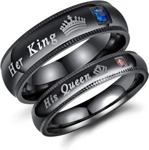 2pcs Set of His and Her Matching Promise Rings for Couples Black Stainless Steel His Queen & Her King Wedding Engagement Annivesary Bands Couples Rings Anniversary Valentine's Jewelry Gifts