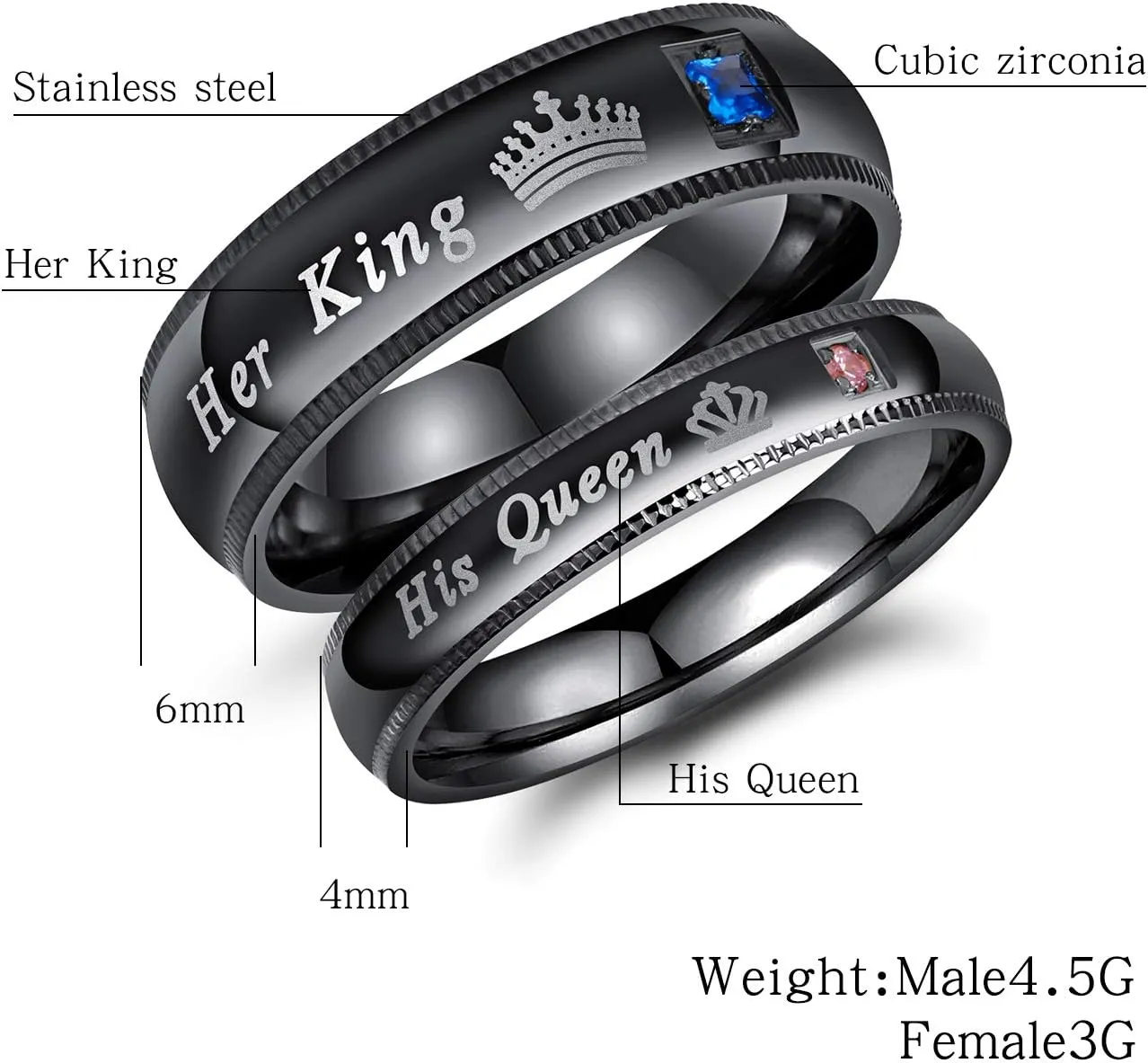 2pcs Set of His and Her Matching Promise Rings for Couples Black Stainless Steel His Queen & Her King Wedding Engagement Annivesary Bands Couples Rings Anniversary Valentine's Jewelry Gifts