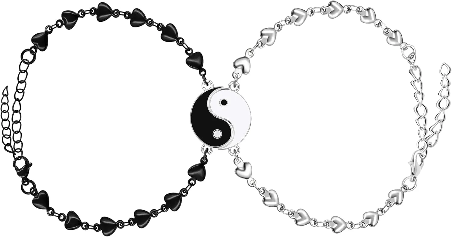 2PC/Set Stainless Steel Love Heart Link Chain Bracelet Set Infinity Couple Bracelet Bangle Wrist Adjustable for Lover Friendship