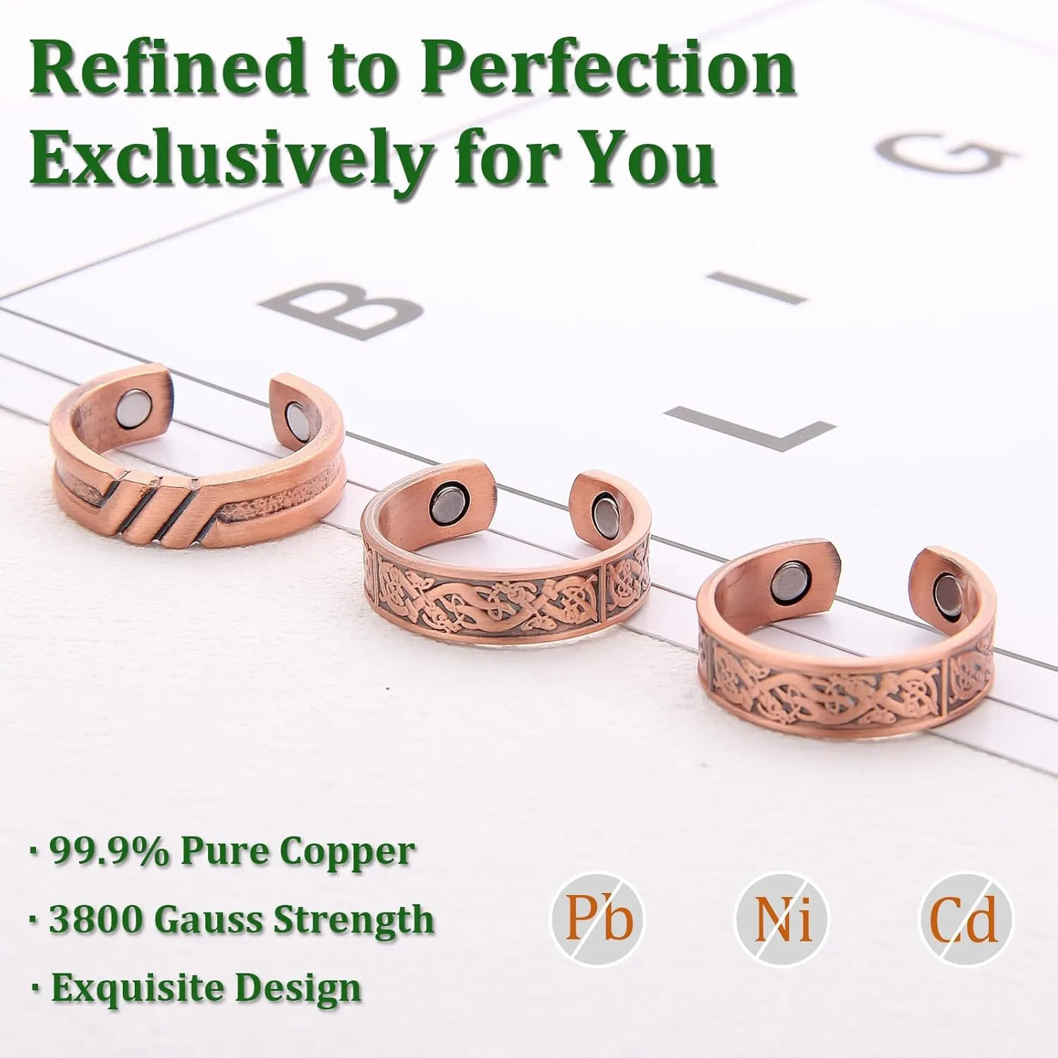 3 Copper Rings for Men, 99.99% Solid Pure Copper, 3pcs 3500 Gauss #9 Rings Vintage Pattern Adjustable Cuff Ring