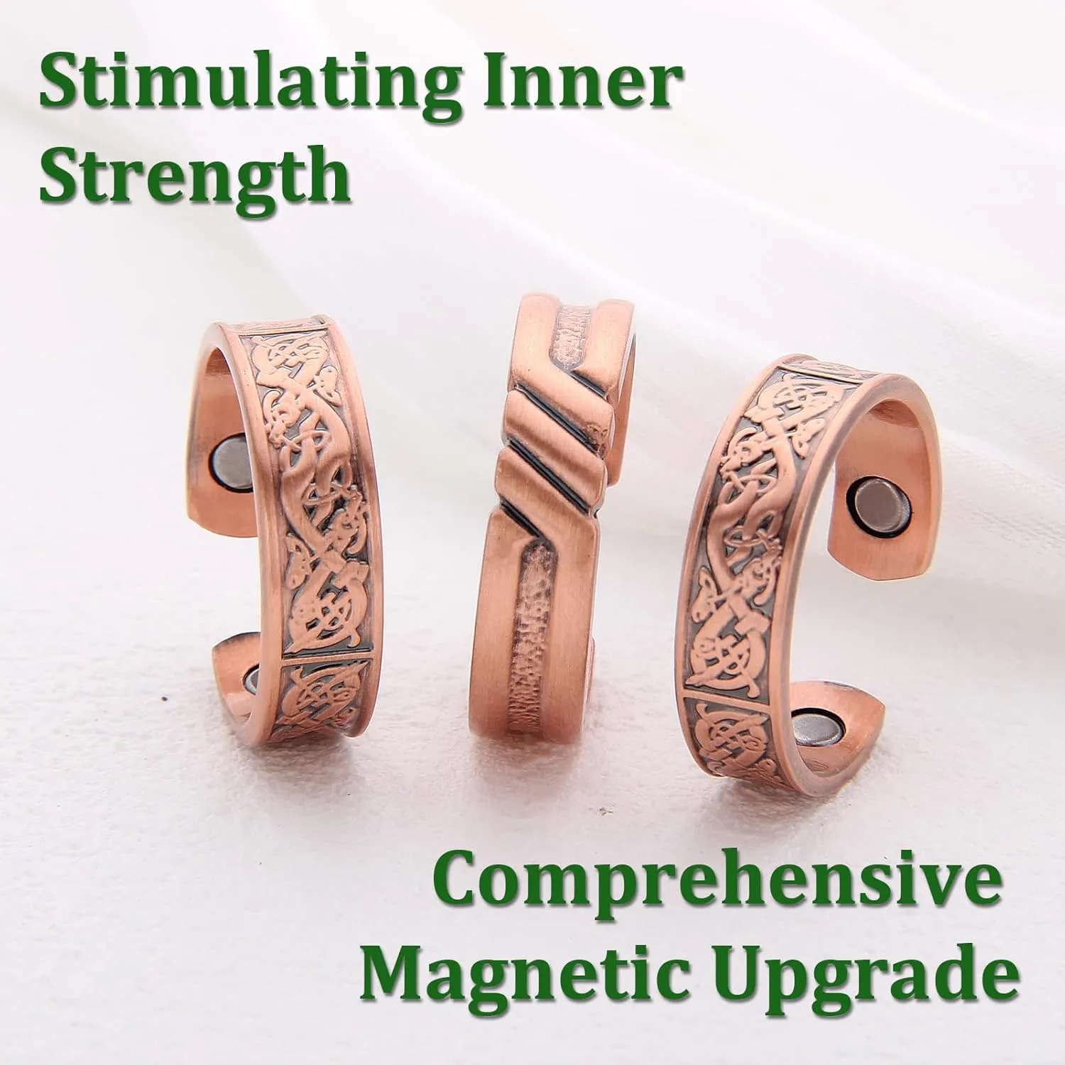 3 Copper Rings for Men, 99.99% Solid Pure Copper, 3pcs 3500 Gauss #9 Rings Vintage Pattern Adjustable Cuff Ring