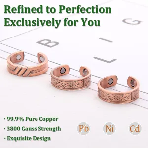 3 Copper Rings for Men, 99.99% Solid Pure Copper, 3pcs 3500 Gauss #9 Rings Vintage Pattern Adjustable Cuff Ring