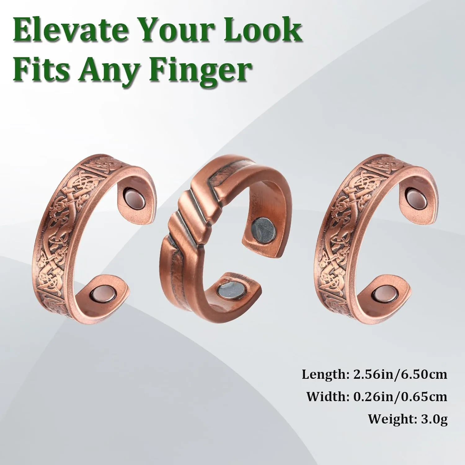3 Copper Rings for Men, 99.99% Solid Pure Copper, 3pcs 3500 Gauss #9 Rings Vintage Pattern Adjustable Cuff Ring