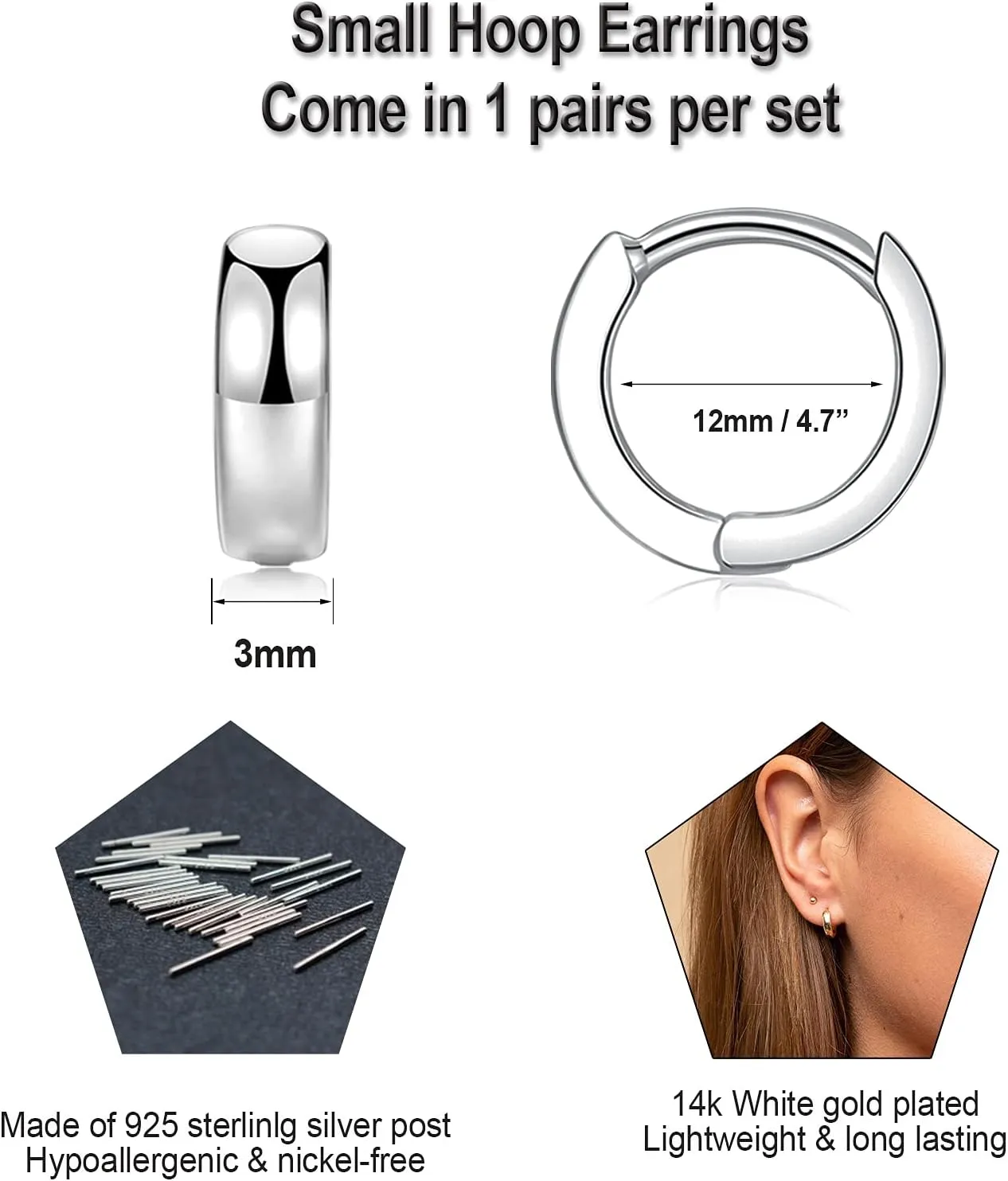 3 Pairs Small Hoop Earrings for Women Men, Sterling Silver Post Sleeper Cartilage Huggie Earring Set, 3mm in Width, Diameter in 8mm 10mm 12mm
