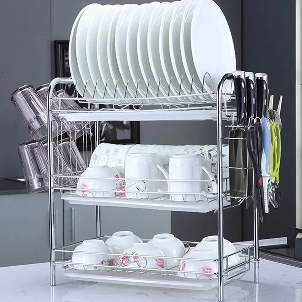3-Tier Dish Drying Rack Kitchen Storage Shelf with Drain Board Countertop Dinnerware Organizer Kitchen Organizer Drainer