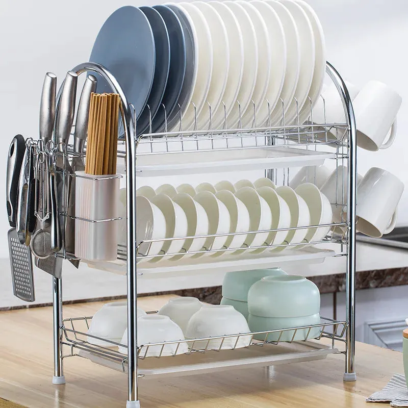 3-Tier Dish Drying Rack Kitchen Storage Shelf with Drain Board Countertop Dinnerware Organizer Kitchen Organizer Drainer