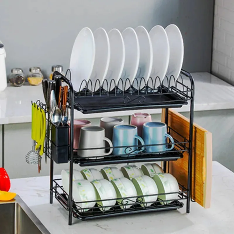 3-Tier Dish Drying Rack Kitchen Storage Shelf with Drain Board Countertop Dinnerware Organizer Kitchen Organizer Drainer