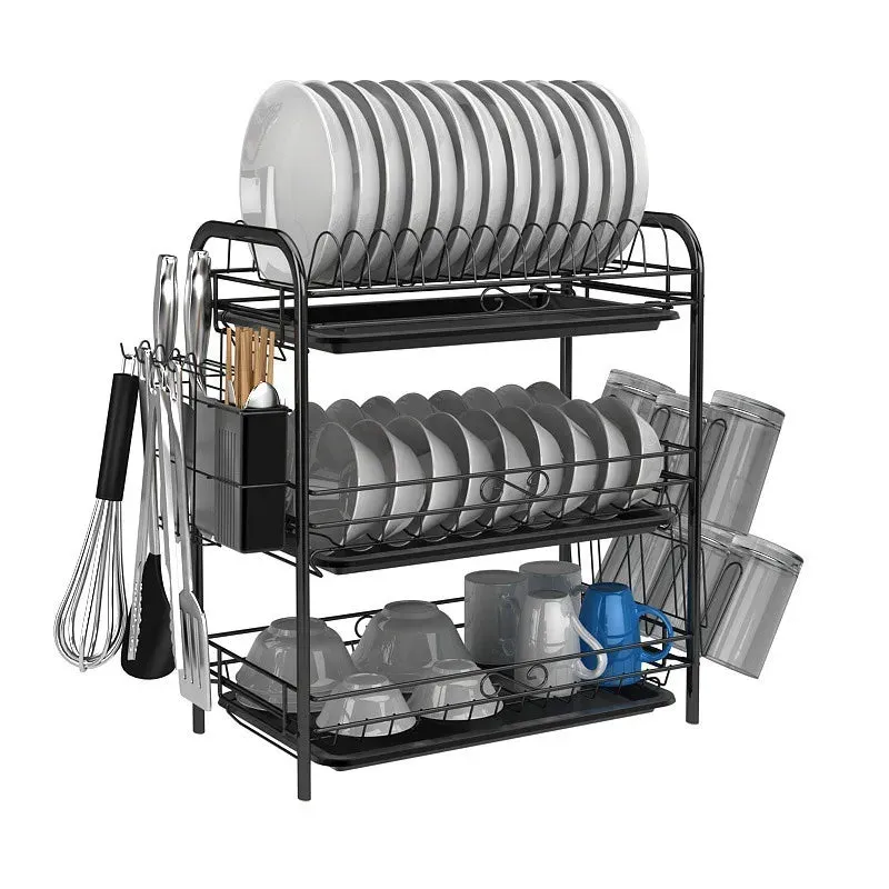 3-Tier Dish Drying Rack Kitchen Storage Shelf with Drain Board Countertop Dinnerware Organizer Kitchen Organizer Drainer