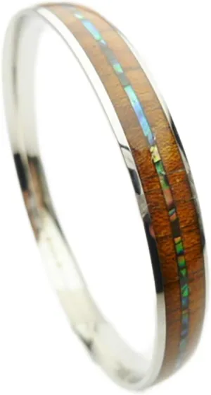 316L Stainless Steel Comfort Fit Natural Koa Wood With Abalone Paua Shell Stripe Inlay Hawaiian Curved Top Bangle Bracelet (Width: 6mm, 8mm, 10mm, 12mm) (Size: 7.5", 8", 8.5")