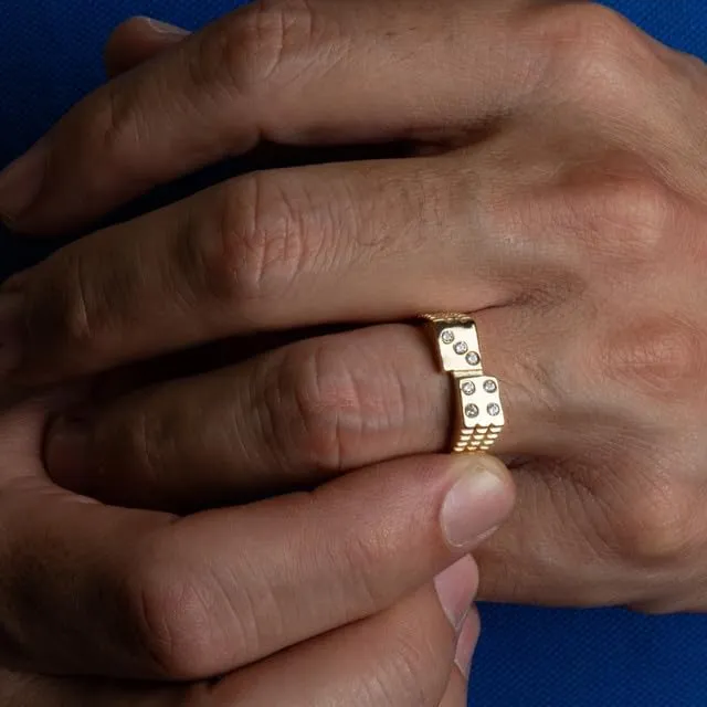 3D Dice Lucky Seven CZ Ribbed Fine Ring Real Solid 10K Gold