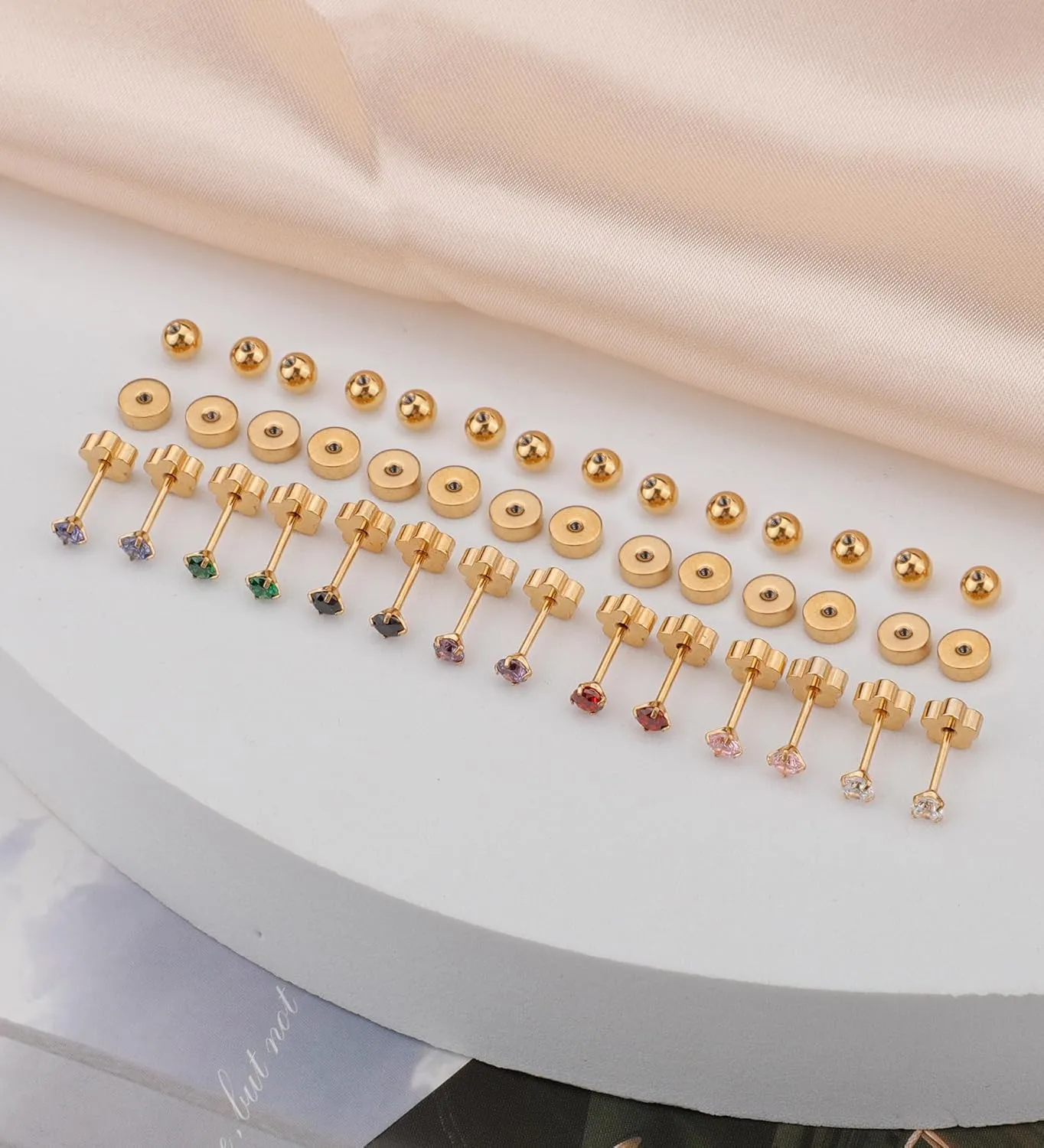 3mm Handmade G23 Titanium Flat Back Earrings 14k Gold Plated Small 5A CZ Cartilage Earrings Studs Hypoallergenic Screw Back Nap Earrings Women Helix Tragus Piercing Jewelry Green