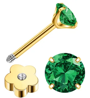 3mm Handmade G23 Titanium Flat Back Earrings 14k Gold Plated Small 5A CZ Cartilage Earrings Studs Hypoallergenic Screw Back Nap Earrings Women Helix Tragus Piercing Jewelry Green