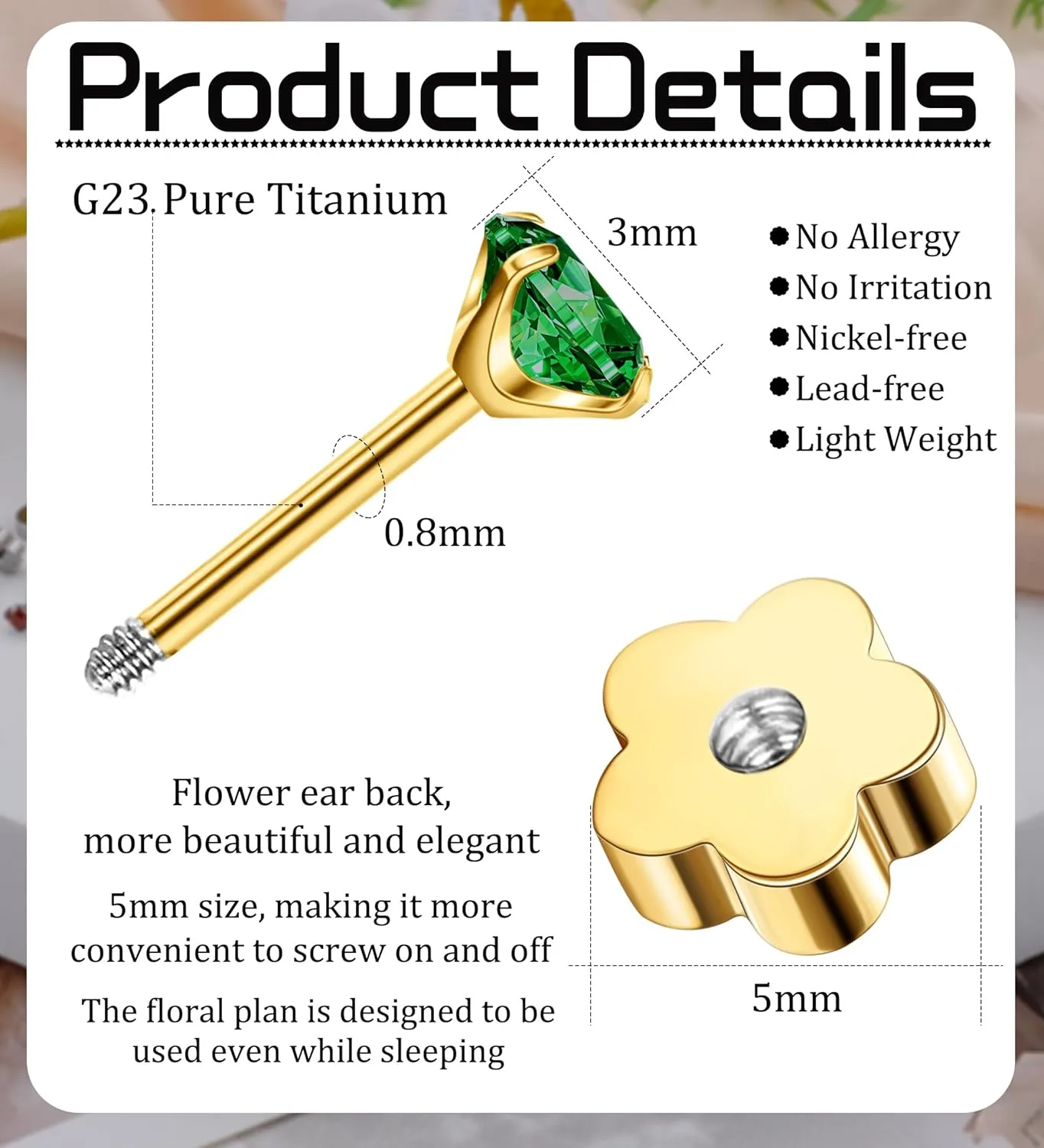 3mm Handmade G23 Titanium Flat Back Earrings 14k Gold Plated Small 5A CZ Cartilage Earrings Studs Hypoallergenic Screw Back Nap Earrings Women Helix Tragus Piercing Jewelry Green