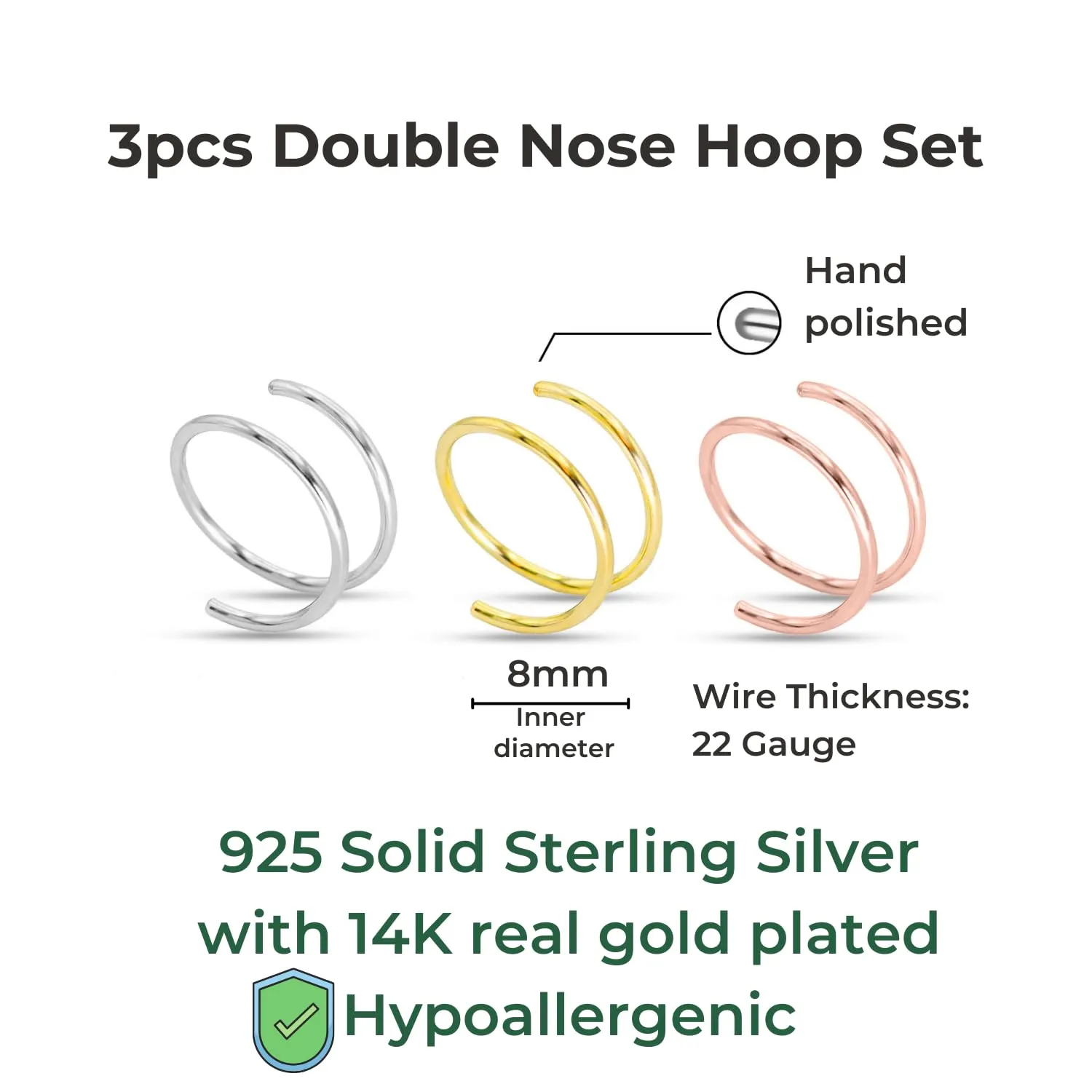 3Pcs 14K Gold Sterling Silver Spiral Double Nose Rings Hoops for Women Men, 22 Gauge Hypoallergenic Small Thin Nose Piercing Jewelry for Single Piercing, Double Cartilage Earring, Helix Hoops,8mm 22G