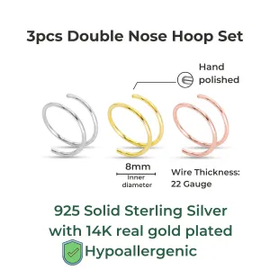 3Pcs 14K Gold Sterling Silver Spiral Double Nose Rings Hoops for Women Men, 22 Gauge Hypoallergenic Small Thin Nose Piercing Jewelry for Single Piercing, Double Cartilage Earring, Helix Hoops,8mm 22G