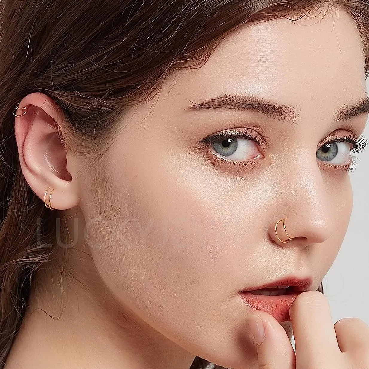 3Pcs 14K Gold Sterling Silver Spiral Double Nose Rings Hoops for Women Men, 22 Gauge Hypoallergenic Small Thin Nose Piercing Jewelry for Single Piercing, Double Cartilage Earring, Helix Hoops,8mm 22G