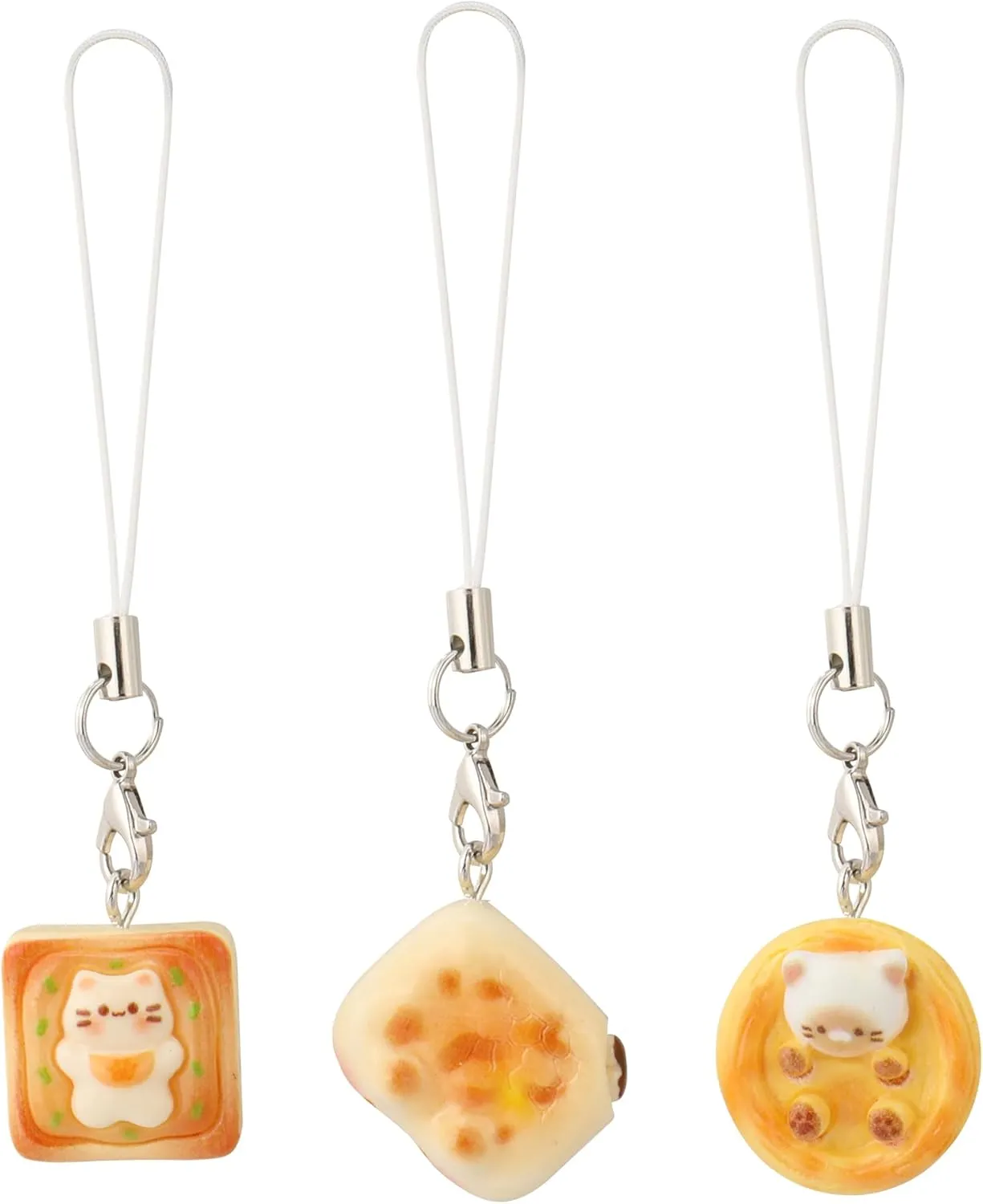 3PCS Cute Cat Bread Phone Charms Strap for Women Kawaii Kitten Toast Keychains for Bags Backpack