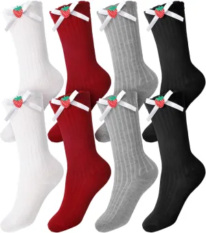 4 Pairs Kids Girls Socks Strawberry Cotton Socks Cute Pattern Ruffle Crew Socks Medium Colored for Girls Winter