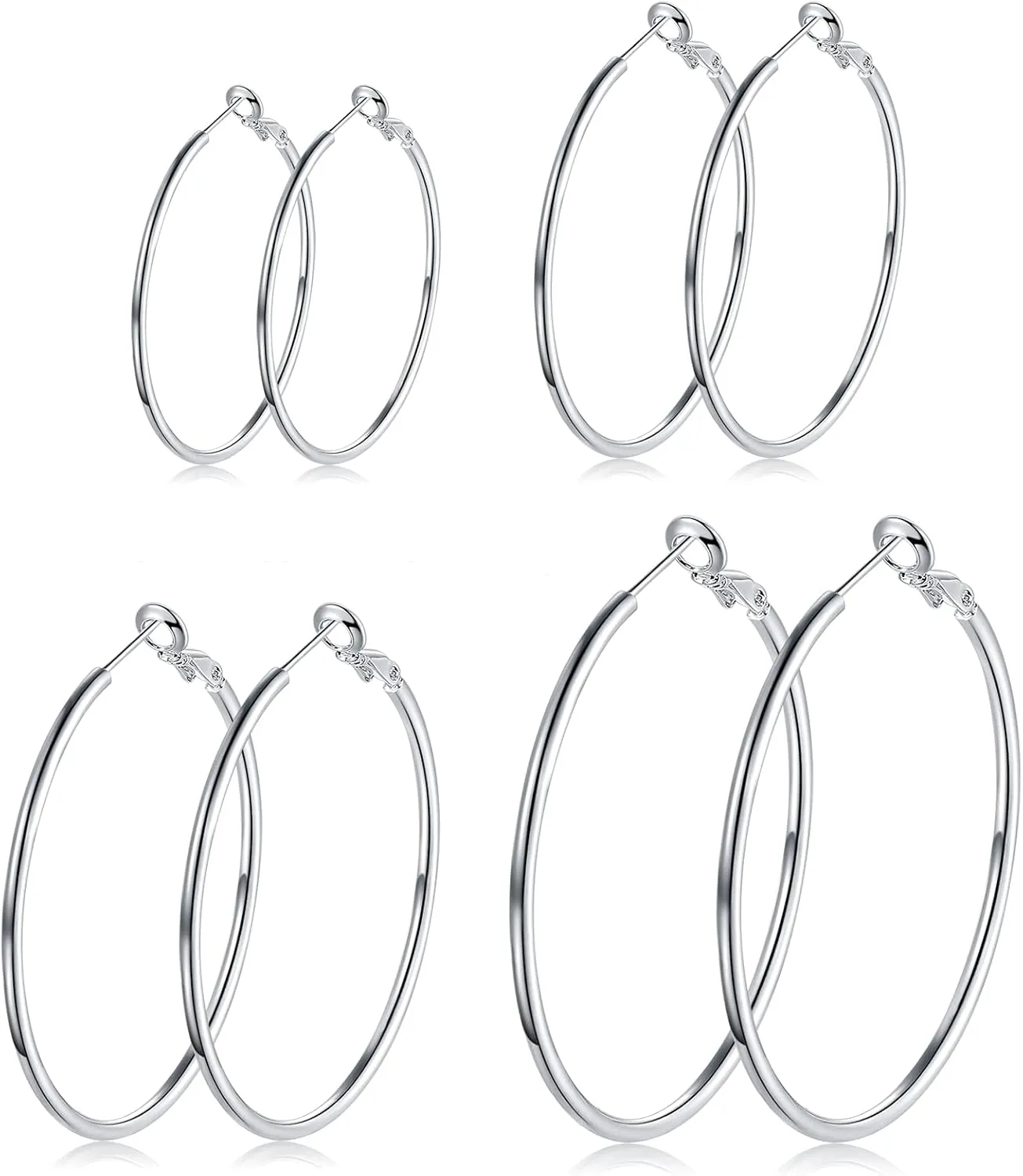 4 Pairs Silver Hoop Earrings for Women- 925 Hypoallergenic Sterling Silver Hoop Earrings Set,Large Minimalist Silver Hoops Gifts(30MM 40MM 50MM 60MM)