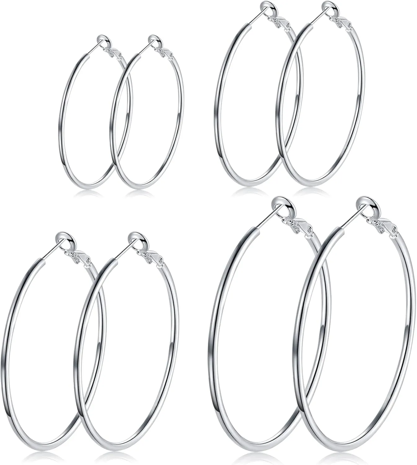 4 Pairs Silver Hoop Earrings for Women- 925 Hypoallergenic Sterling Silver Hoop Earrings Set,Large Minimalist Silver Hoops Gifts(30MM 40MM 50MM 60MM)