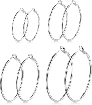 4 Pairs Silver Hoop Earrings for Women- 925 Hypoallergenic Sterling Silver Hoop Earrings Set,Large Minimalist Silver Hoops Gifts(30MM 40MM 50MM 60MM)