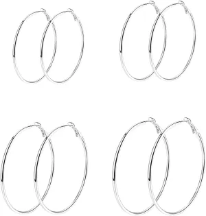 4 Pairs Silver Hoop Earrings for Women, 925 Sterling Silver Hypoallergenic Hoop Earrings Large Silver Hoop Earrings Set For Gift 30 40 50 60mm