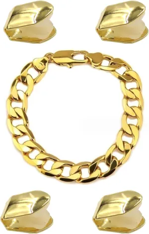 4 Pcs Gold Plated Gold Tooth Cap and Cuban Link Bracelet for Men Hip Hop Teeth Accessories Plain Single Tooth Cap for Teeth Mouth Realistic Fake Teeth Grills for Party Open Face Front Tooth Caps