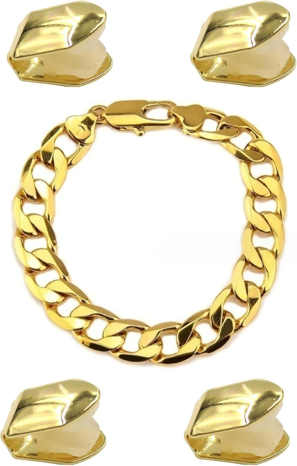 4 Pcs Gold Plated Gold Tooth Cap and Cuban Link Bracelet for Men Hip Hop Teeth Accessories Plain Single Tooth Cap for Teeth Mouth Realistic Fake Teeth Grills for Party Open Face Front Tooth Caps