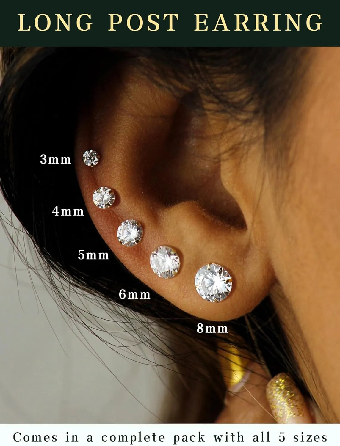 5 Pairs Extra Long Post Earrings 316L Stainless Steel Stud Earrings for Women Hypoallergenic Cubic Zirconia Ear Piercing Studs for Sensitive Ears 3-8mm
