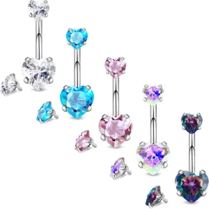 5Pcs 14G Surgical Steel Belly Button Rings Double Heart Navel Rings Cubic Zirconia Belly Rings Belly Piercing Jewelry with Extra Tops CZ