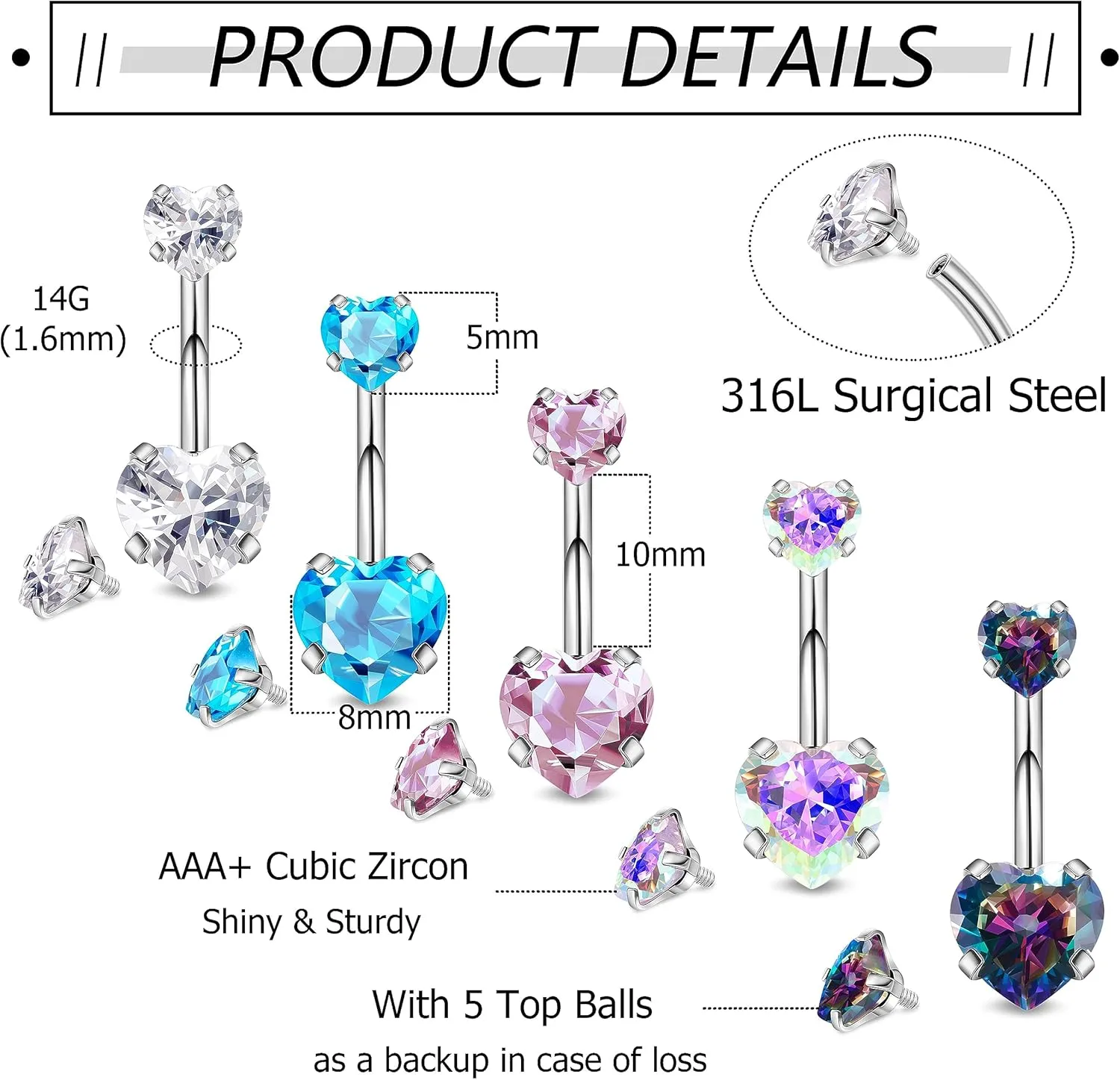 5Pcs 14G Surgical Steel Belly Button Rings Double Heart Navel Rings Cubic Zirconia Belly Rings Belly Piercing Jewelry with Extra Tops CZ