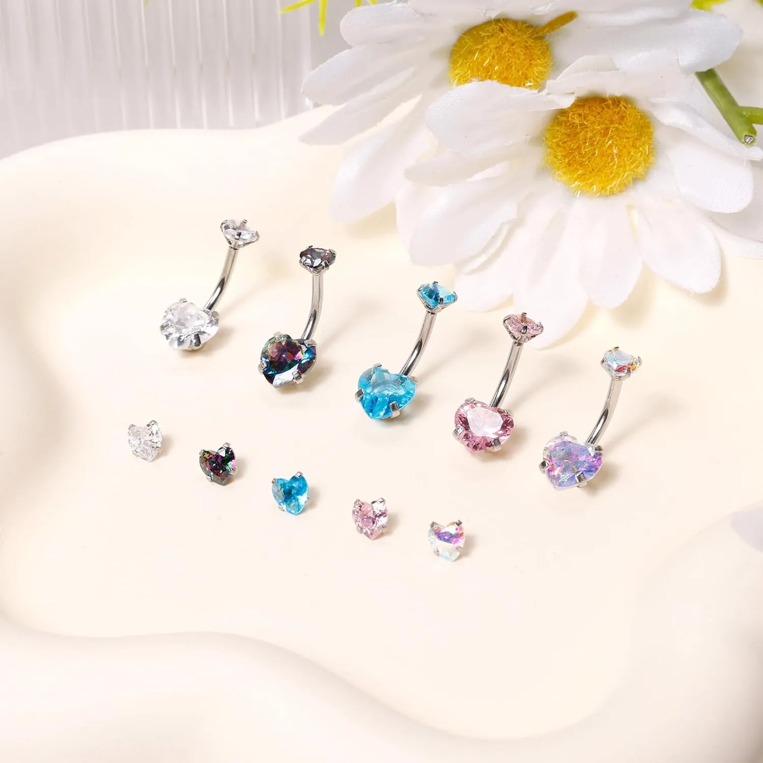 5Pcs 14G Surgical Steel Belly Button Rings Double Heart Navel Rings Cubic Zirconia Belly Rings Belly Piercing Jewelry with Extra Tops CZ