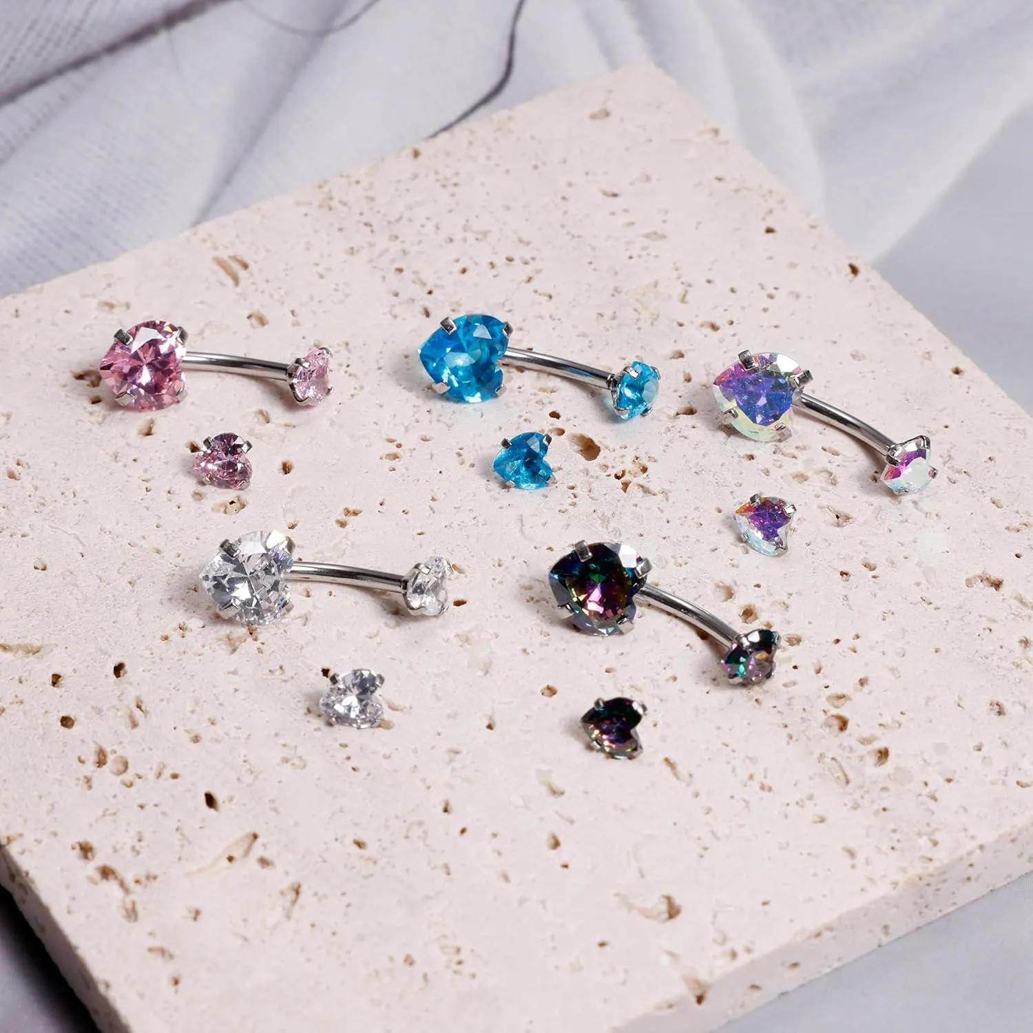5Pcs 14G Surgical Steel Belly Button Rings Double Heart Navel Rings Cubic Zirconia Belly Rings Belly Piercing Jewelry with Extra Tops CZ