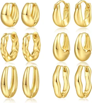 6 Pairs Gold Hoop Earrings Set for Women, 14K Gold Plated Huggie Chunky Earring Variety Pack, Hypoallergenic Thick Jewelry Gift