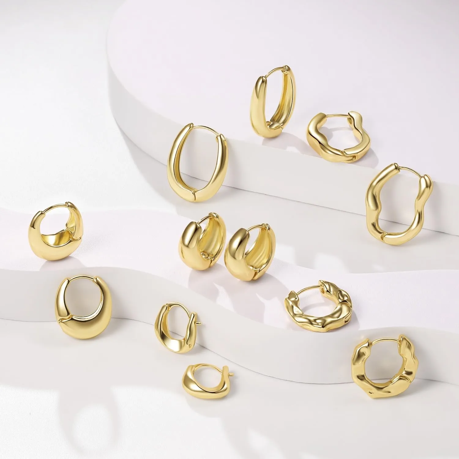 6 Pairs Gold Hoop Earrings Set for Women, 14K Gold Plated Huggie Chunky Earring Variety Pack, Hypoallergenic Thick Jewelry Gift