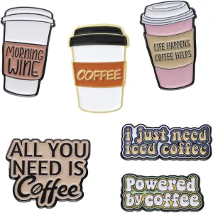 6PCS Coffee Slogans Cups Enamel Pins Bulk, Cartoon Cute Cool Need Coffee Lapel Backpack Hat Pin Set, Decorative Crooches Button for Jeans, Jackets, Bags, Dress, Shoes