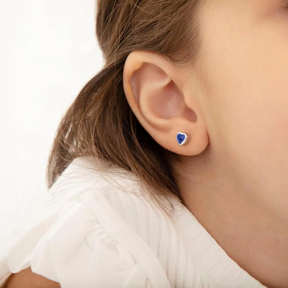 925 Sterling Silver 5mm Girls CZ Heart Earrings Simulated Birthstone Bezel with Screw Back Stud Baby Earrings - Safety Screw Back for Toddlers - Quality Heart Cubic Zirconia Earrings for Kids