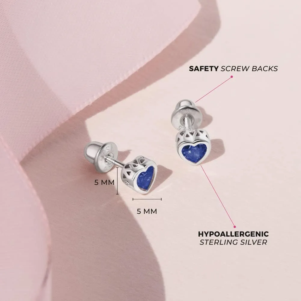 925 Sterling Silver 5mm Girls CZ Heart Earrings Simulated Birthstone Bezel with Screw Back Stud Baby Earrings - Safety Screw Back for Toddlers - Quality Heart Cubic Zirconia Earrings for Kids
