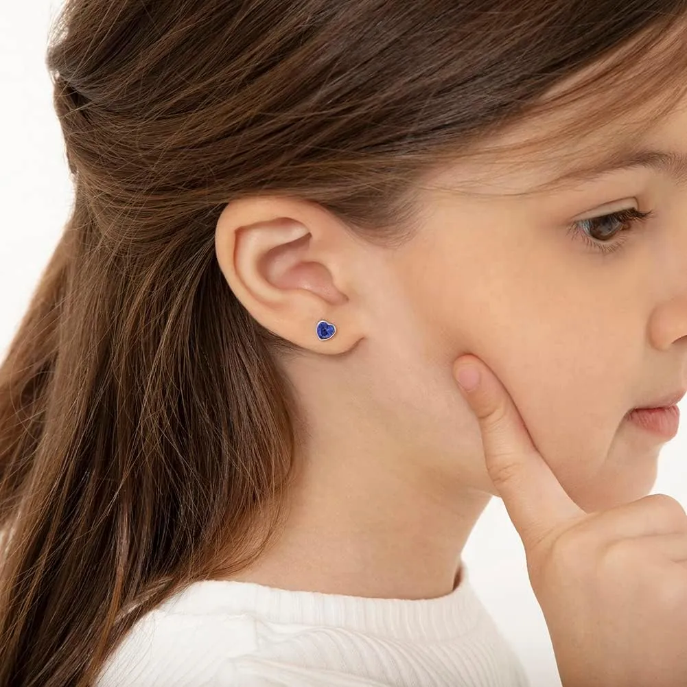 925 Sterling Silver 5mm Girls CZ Heart Earrings Simulated Birthstone Bezel with Screw Back Stud Baby Earrings - Safety Screw Back for Toddlers - Quality Heart Cubic Zirconia Earrings for Kids