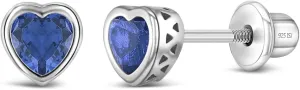 925 Sterling Silver 5mm Girls CZ Heart Earrings Simulated Birthstone Bezel with Screw Back Stud Baby Earrings - Safety Screw Back for Toddlers - Quality Heart Cubic Zirconia Earrings for Kids