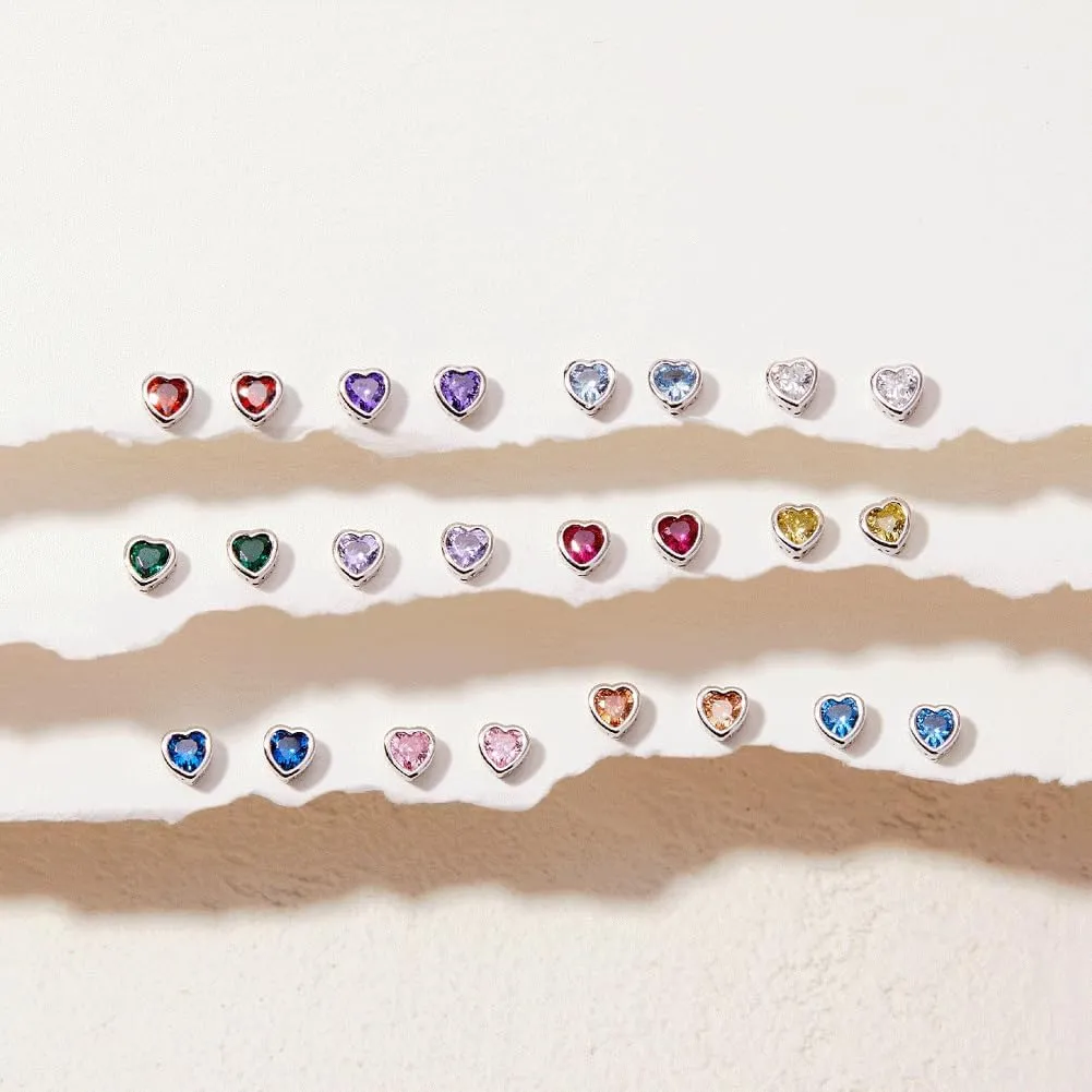 925 Sterling Silver 5mm Girls CZ Heart Earrings Simulated Birthstone Bezel with Screw Back Stud Baby Earrings - Safety Screw Back for Toddlers - Quality Heart Cubic Zirconia Earrings for Kids