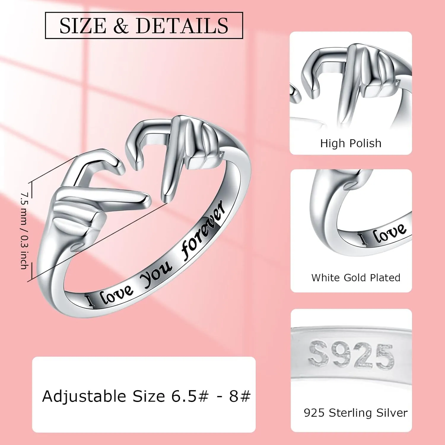 925-Sterling-Silver Heart Claddagh Rings for Women - Adjustable White/18K/Rose Gold Plated Irish Claddagh Ring Friendship Promise Love Heart Jewelry Rings Christmas Gifts for Women Friends