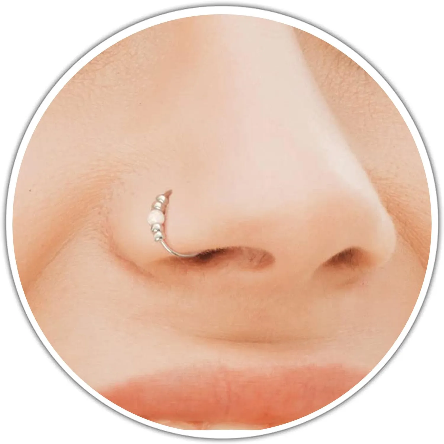 925 Sterling Silver opal Nose Ring - Thickness 24 Gauge And 8mm Diameter - Silver Nose Ring With 2mm White Opal And1mm Silver Beads