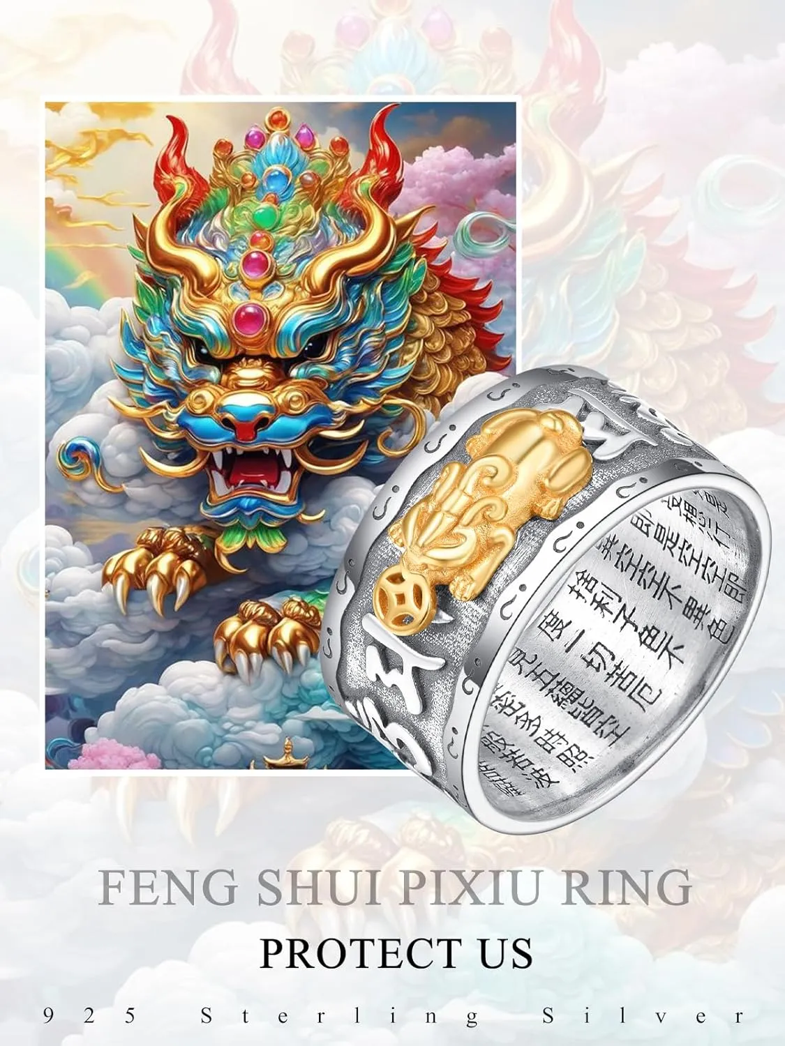 ADMETUS 925 Sterling Silver Feng Shui Rings Lucky Pixiu Band Rings for Men Fengshui Ring Jewelry Gifts for Men Rings Size 7-13