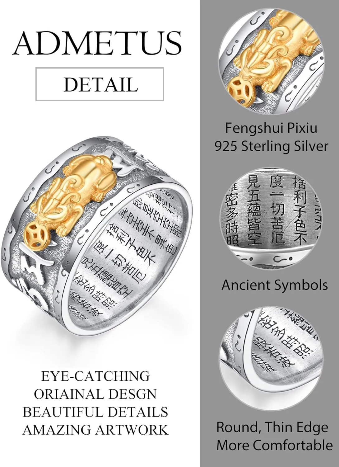 ADMETUS 925 Sterling Silver Feng Shui Rings Lucky Pixiu Band Rings for Men Fengshui Ring Jewelry Gifts for Men Rings Size 7-13