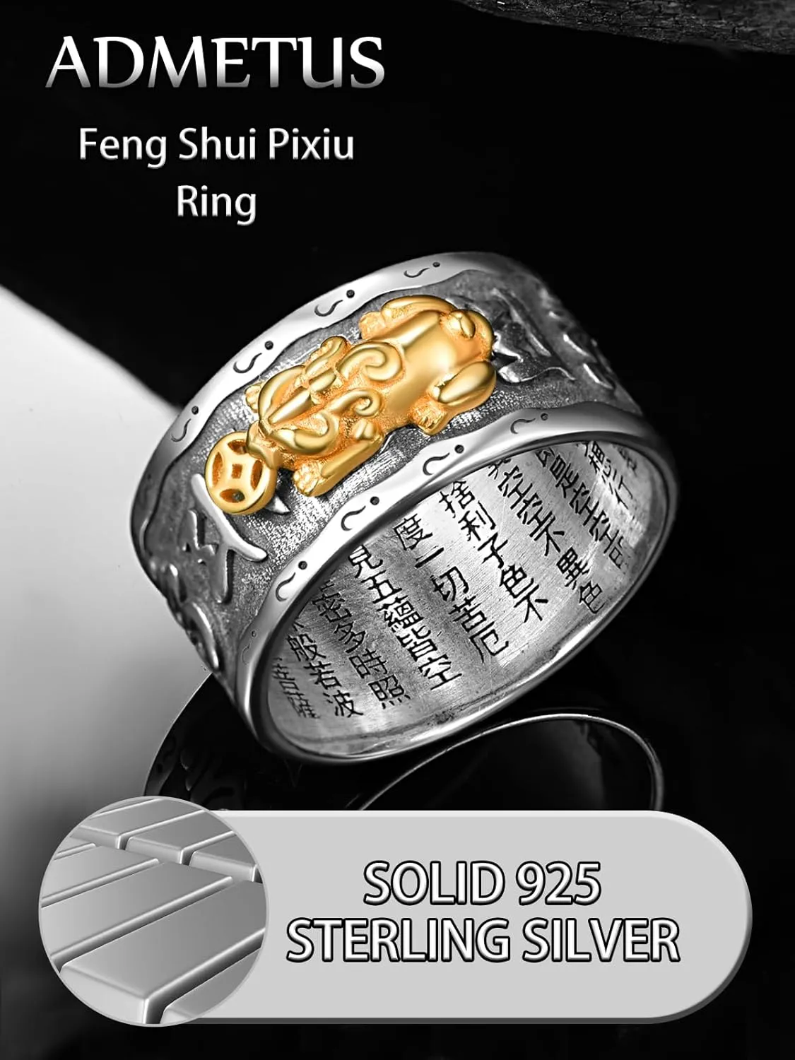 ADMETUS 925 Sterling Silver Feng Shui Rings Lucky Pixiu Band Rings for Men Fengshui Ring Jewelry Gifts for Men Rings Size 7-13
