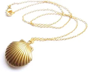 AHIER Sea Shell Locket, Mermaid Valentine Necklace, Beach Locket, Gold Tone Brass, Little Shell Locket, Nautical Jewelry (Gold)