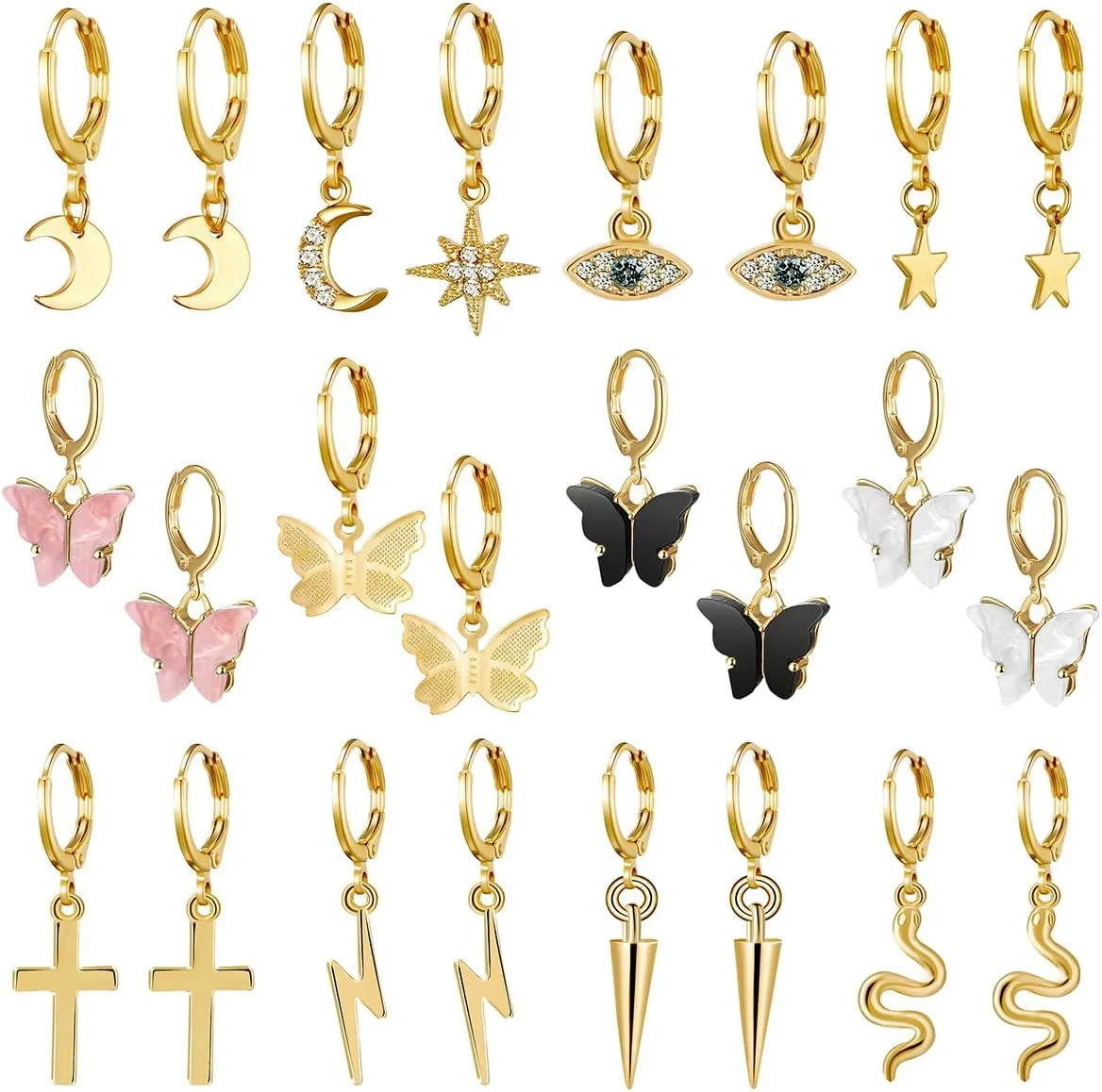 AIDSOTOU Small Butterfly Star Hoop Earrings Set for Women Girls Mini Huggie Hoop Earrings with Dangle Charms